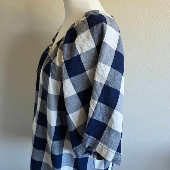 Uniqlo JW Anderson Navy  White Check Top Blouse Cotton Linen Boho Women Size XXL - Picture 5 of 8